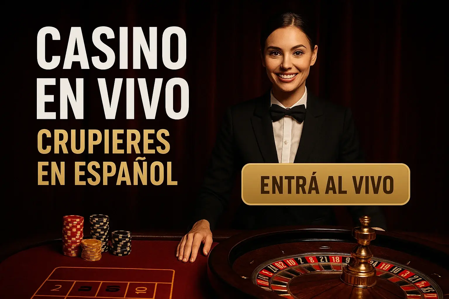 Banner casino en vivo con crupier en español, ruleta y botón Entrá al vivo