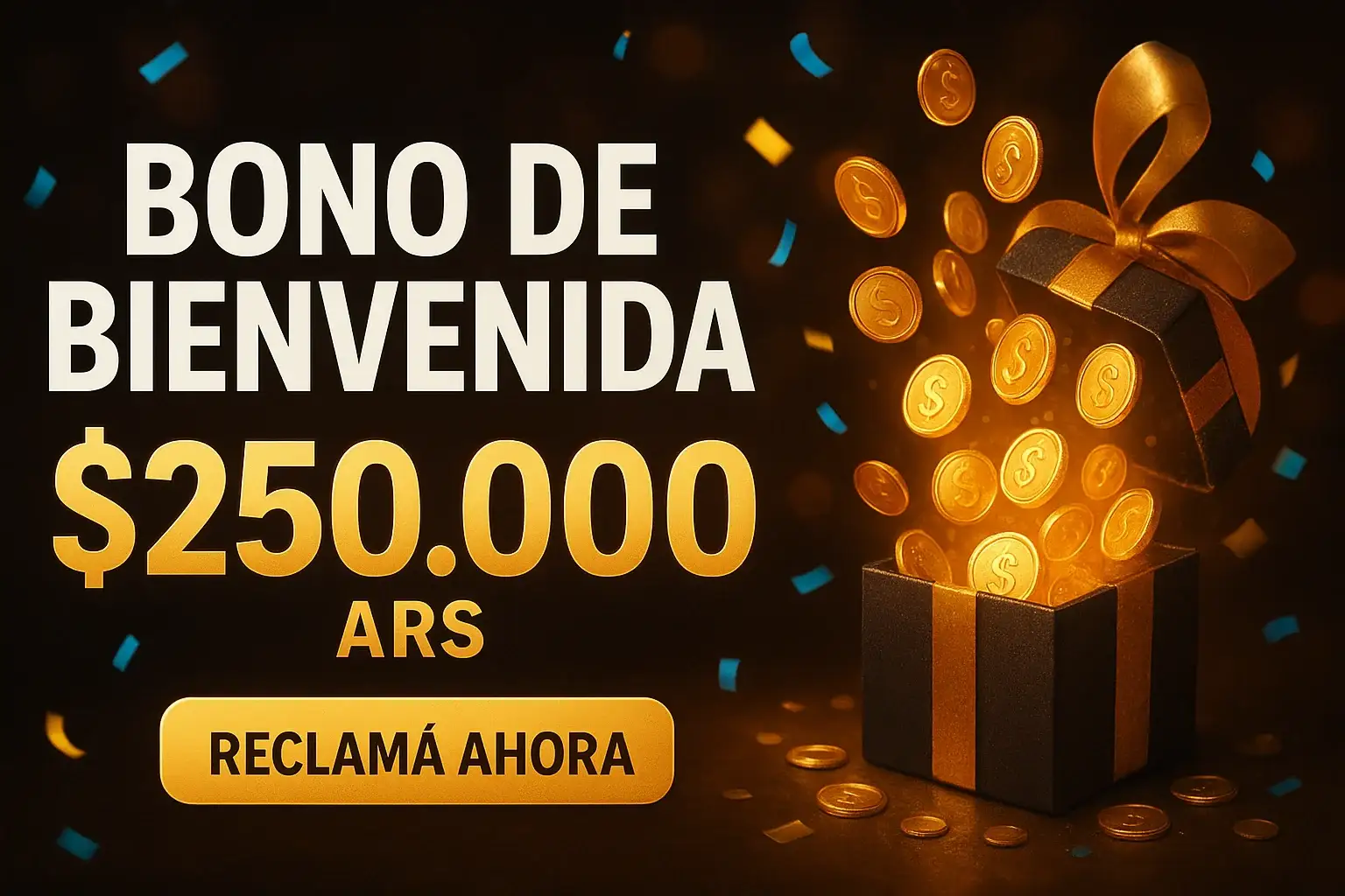 Banner de casino con bono de bienvenida $250.000 ARS y botón Reclamá Ahora